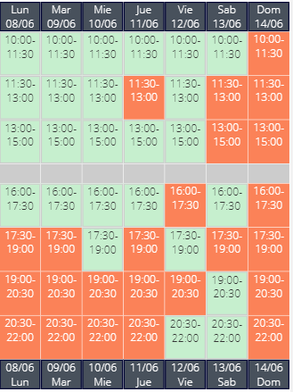 Landscape view of the calendar with booking codes visible